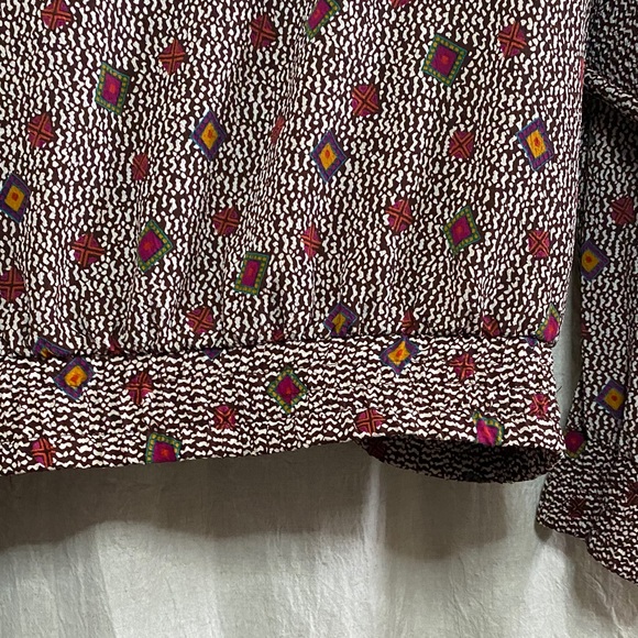 Vintage 80s Long Sleeve Brown with Jewel Tone Pattern Blouse + Shoulder Pads - Picture 7 of 15